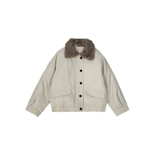 女孩羊羔毛翻领派克服冬新款女童短款洋气保暖棉服工装外套白灰色