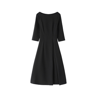 Into Fiction可机洗羊毛一字领修身大摆伞裙小黑裙黑色长袖连衣裙