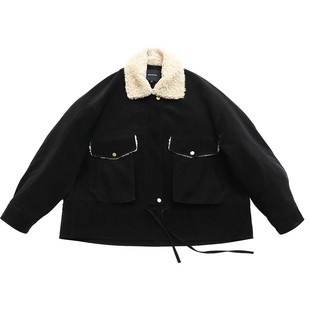 鹿与飞鸟“橡果小屋”巴恩风卷毛翻领两色仿麂皮夹克棉服外套7131