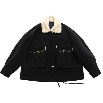 卷毛翻领两色仿麂皮夹克棉服外套