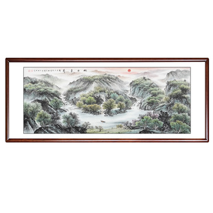 手绘旭日东升国画山水画真迹客厅东墙聚财挂画聚宝盆办公室靠山图