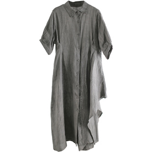 兮风复古怀旧扎染纯麻连衣裙原创设计感个性不规则佛系开衫裙春夏