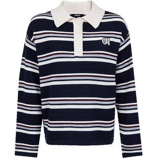 ONLY2025冬季新款学院风polo领落肩撞色肌理感条纹宽松针织衫女