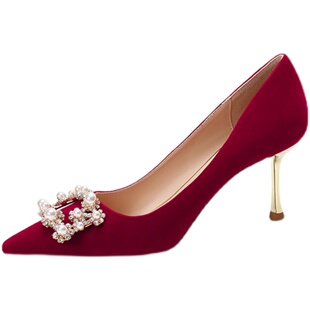 酒红色中式结婚鞋子女2022年新款水钻新娘鞋婚纱秀禾服两穿高跟鞋