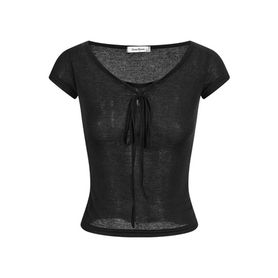 系带短袖t恤短款v领上衣修身显瘦