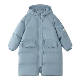虾酱麻麻男女童羽绒服中长款冬季2024新款加厚连帽儿童装蓝色外套