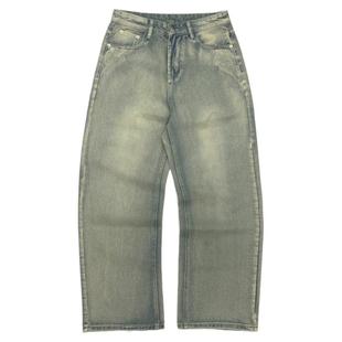 洗白牛仔裤男阿美咔叽宽松直筒拖地裤重水洗冬季厚实阔腿老爹裤女