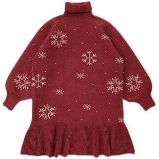 女童毛衣裙秋冬高领红色圣诞节新年连衣裙宝宝儿童针织衫公主裙子