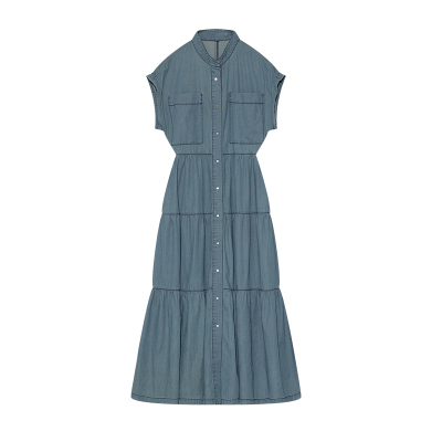 名邦女装气质长款牛仔连衣裙100%棉拼接蛋糕裙收腰显瘦大A字摆