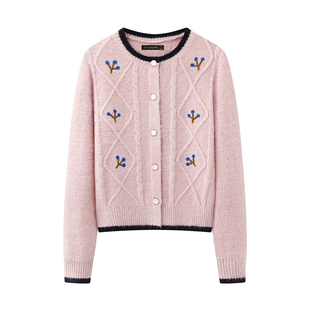 拉夏贝尔/La Chapelle粉色绞花针织开衫外套女秋冬季新款毛衣上衣