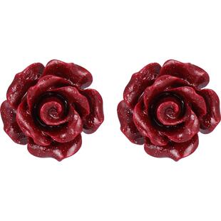 999纯银朱砂玫瑰花耳钉女轻奢气质高级感红色花朵耳环本命年耳饰