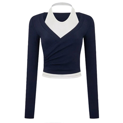 假两件撞色拼接针织挂脖长袖上衣