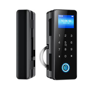 办公室商铺玻璃门密码锁免地插指纹锁双开门霸王钩电子门禁智能锁