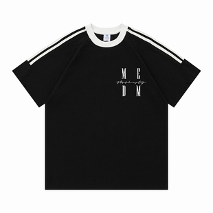 MEDM HEOAR短袖T恤男女美式休闲三条杆刺绣纯棉情侣学生上衣夏季