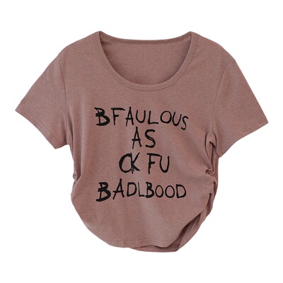 圆领修身小件t恤女字母短款褶皱