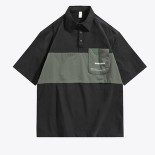 拼接冰丝短袖POLO衫男宽松大码夏季新款翻领撞色休闲速干半袖上衣