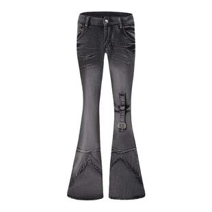 千禧辣妹y2k古早轻亚文化毛边微喇叭牛仔裤女小众设计拖地长裤子