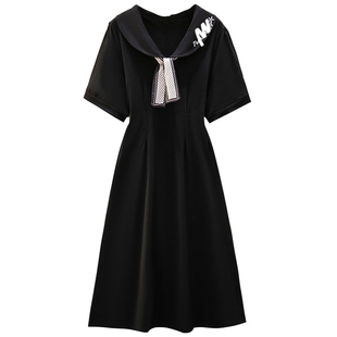 300斤显瘦学院风领结长裙胖莹莹大码女装夏气质娃娃领短袖连衣裙