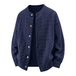 藏青色纽扣开衫毛衣男款秋冬人夫感穿搭慵懒针织衫麻花毛线衣外套