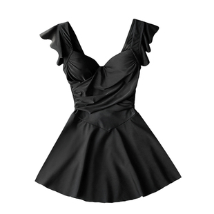 小众设计感黑色连体泳衣女款裙式带钢托遮肚显瘦显身材泡温泉泳装