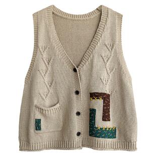 文艺复古贴布撞色棉线针织马甲女士春季宽松百搭开衫无袖坎肩背心