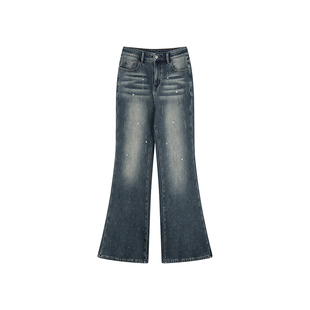 安妮不火 洗水做旧蝴蝶烫钻加绒微喇牛仔裤女微胖大码保暖牛仔裤