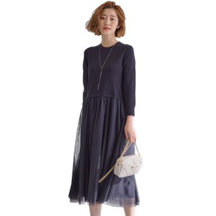 23区春季新款女连衣裙日系轻奢气质长袖拼接网纱设计感日本限定