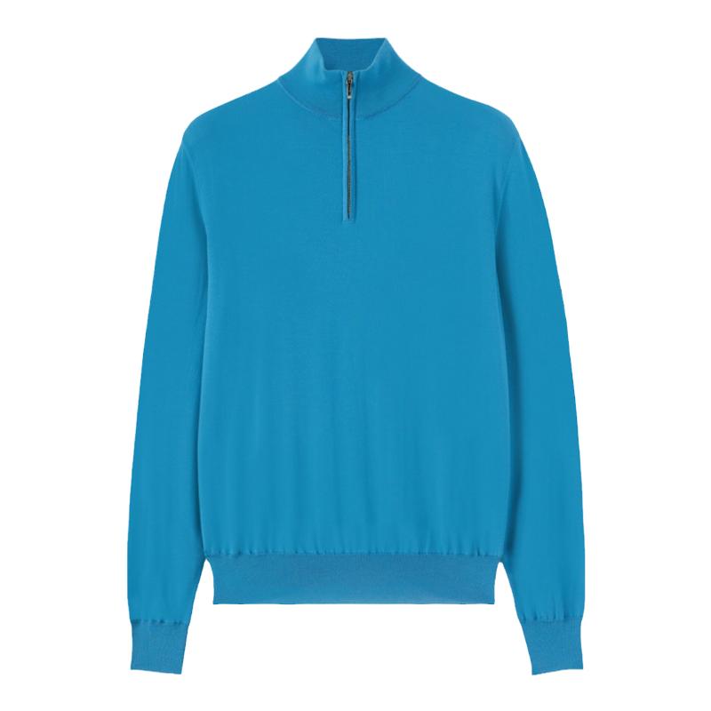 Loro Piana/诺悠翩雅男装蓝色羊毛拉链罗纹领长袖针织衫毛衣