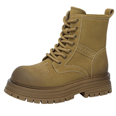 戈美其圆头粗跟交叉绑带时装靴