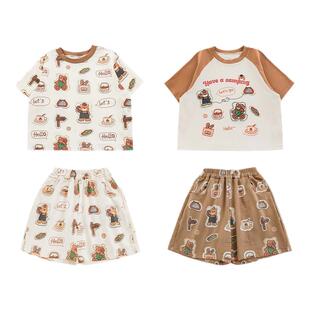 幼悠男童2026夏季新款卡通小熊短袖T恤宽松清凉短裤野营户外套装