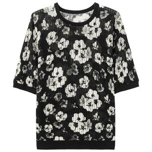 中年女装圆领桑蚕丝针织上衣女士薄款五分袖T恤衫镂空真丝套头衫