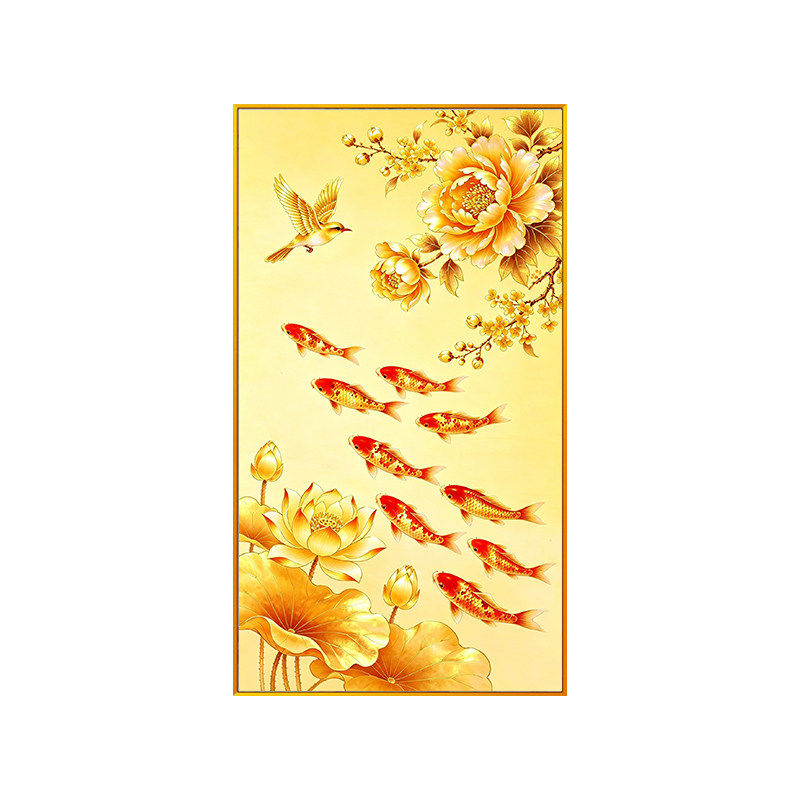 金色荷花锦鲤玄关墙面十字绣2026新款富贵花开富贵有鱼手工绣满绣