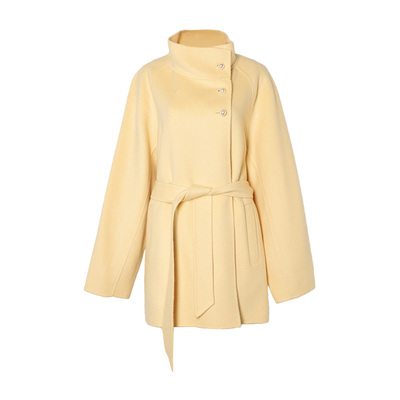 DPLAY2025年冬季新款黄色双面呢子大衣女立领100绵羊毛外套