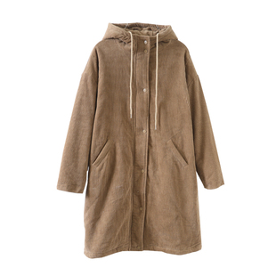 新款冬季中长套款过膝灯芯绒加厚棉衣宽松连帽大码棉服羊羔毛外套