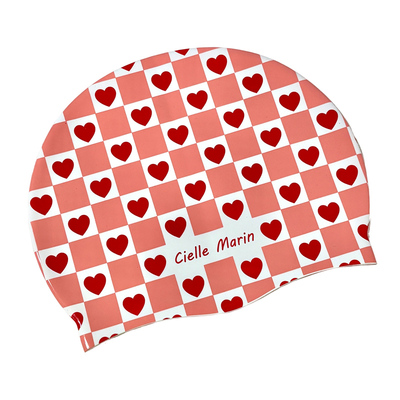 ciellemarin喜马林红格子爱心硅胶防水成人游泳帽护耳加大泳帽