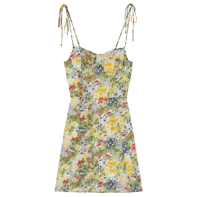 美式复古A字裙碎花吊带连衣裙