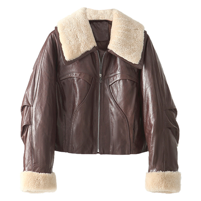 2025冬新款皮毛一体毛领真皮皮衣女短款夹克鹅绒羽绒服绵羊皮外套