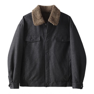 LUUD 85白鸭绒羊羔绒毛领水洗棉夹克外套男冬复古工装牛仔羽绒服