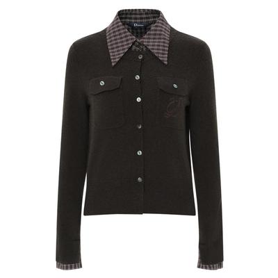 IDPAN羊毛针织衫秋季新款设计感复古格纹翻领针织上衣开衫女