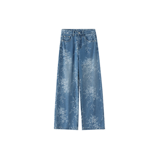 设计感提花刺绣牛仔裤女秋冬新款胖妹妹mm高腰宽松显瘦直筒阔腿裤