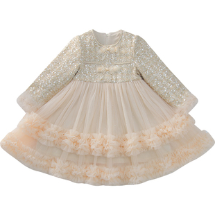 女童小香风连衣裙冬装2025新款洋气儿童加绒网纱公主裙女孩新年装