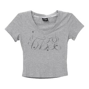 CBXLAB街舞潮牌夏季螺纹高弹亲肤V领短袖爵士辣妹烫钻跳舞上衣女