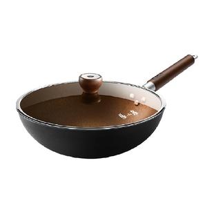 张小泉32cm雪花纹铁锅家用无涂层三重防锈燃气灶用原木柄透明锅盖