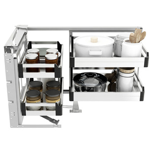 厨房小怪物转角拉篮不锈钢橱柜联动橱柜阻尼抽屉式旋转拉篮拐角篮