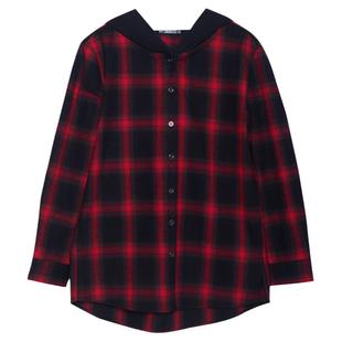 大码宽松休闲全棉酒红格子衬衫女款外套连帽带帽纯棉外穿长袖衬衣
