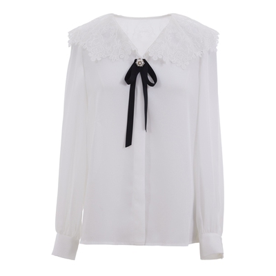 COCOON商场同款蕾丝V领蝴蝶结饰长袖时尚衬衫春款
