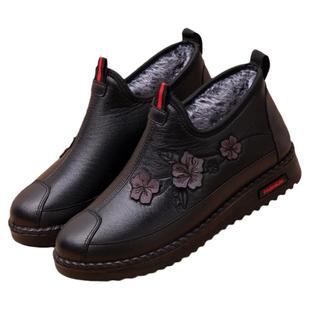 老人鞋女冬加绒老北京妈妈棉鞋中老年防滑平底皮面保暖奶奶棉靴女