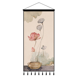 新中式禅意荷花墙布挂布背景布布艺挂画客厅玄关装饰挂毯竖版定制