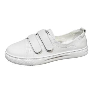 头层牛皮魔术贴小白鞋女秋薄款2026新款休闲平底浅口一脚蹬板鞋女