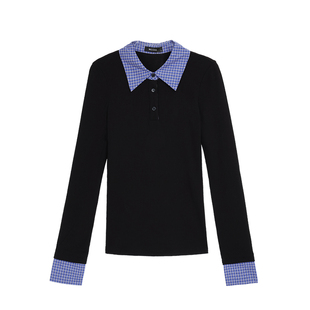 MULVAN 加州游记 美式复古格子拼接Polo领针织衫女长袖假两件上衣